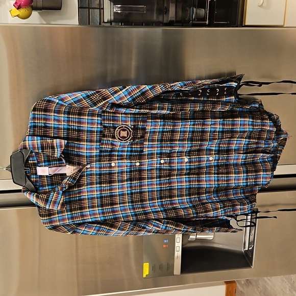 💕SAVAGE x FENTY💕 Tied-Up Tartan PJ Raw Hem Sleep Shirt Blue Plaid Small S NWT - Picture 11 of 16